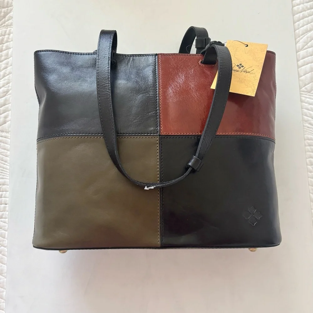 Patricia Nash British Vintage Braden Tote Bag Black Olive Colorblock Leather NEW - Picture 2 of 14